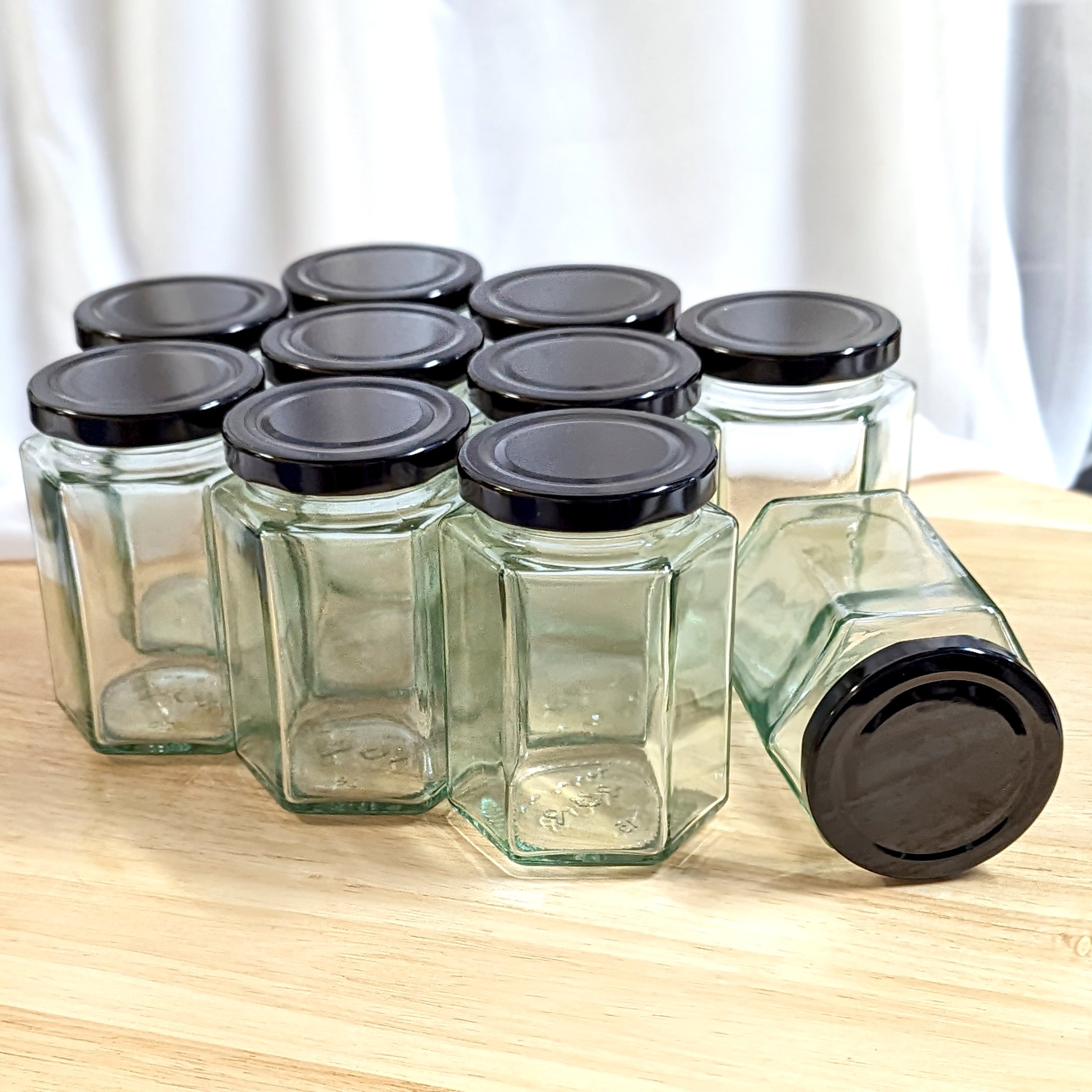 Glass Screw Top Hexagonal Jars - Large 300ml (Set of 10) - Click Image to Close