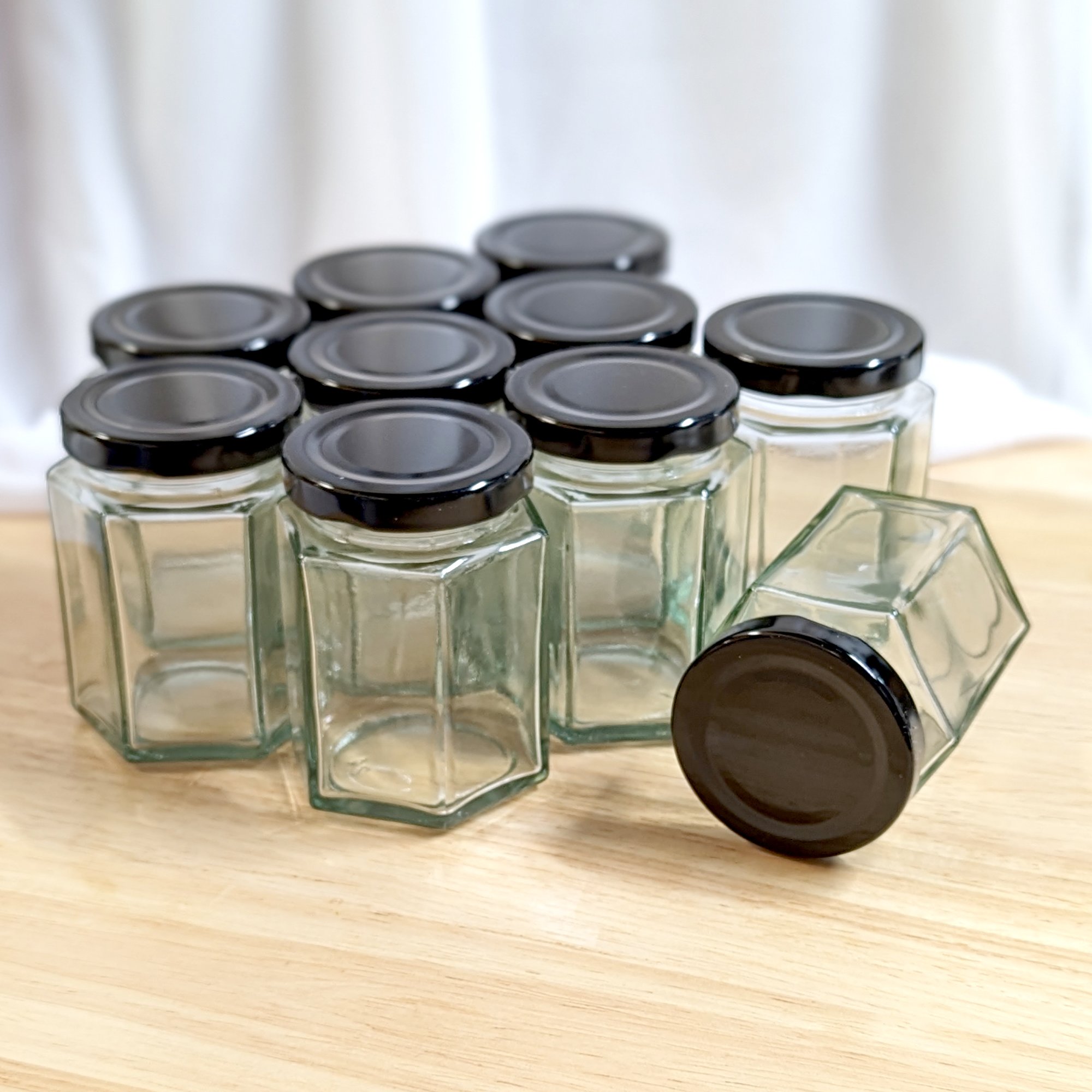 Glass Screw Top Hexagonal Jars - Medium 190ml (Set of 10) - Click Image to Close
