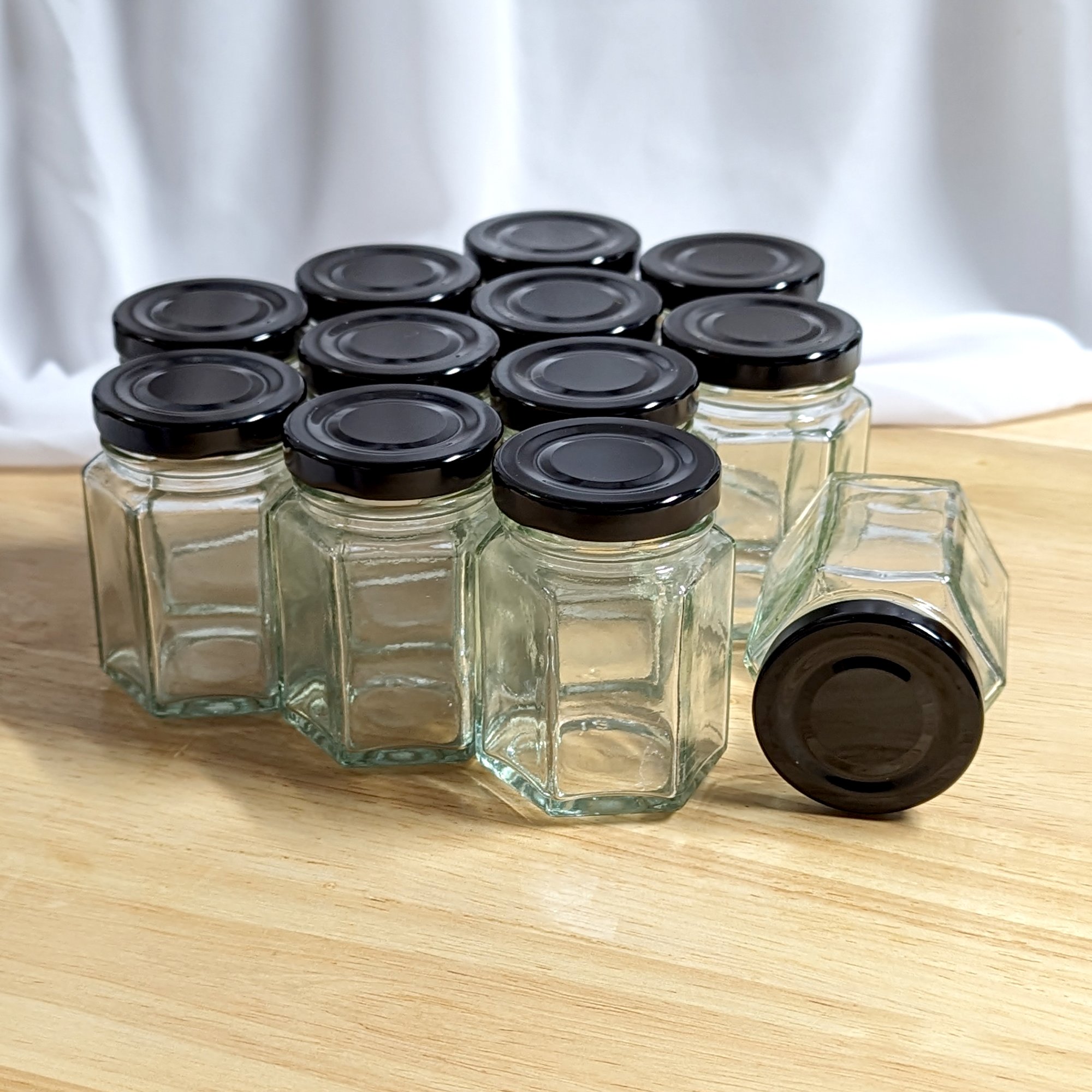 Glass Screw Top Hexagonal Jars - Small Tall 110ml (Set of 12) - Click Image to Close